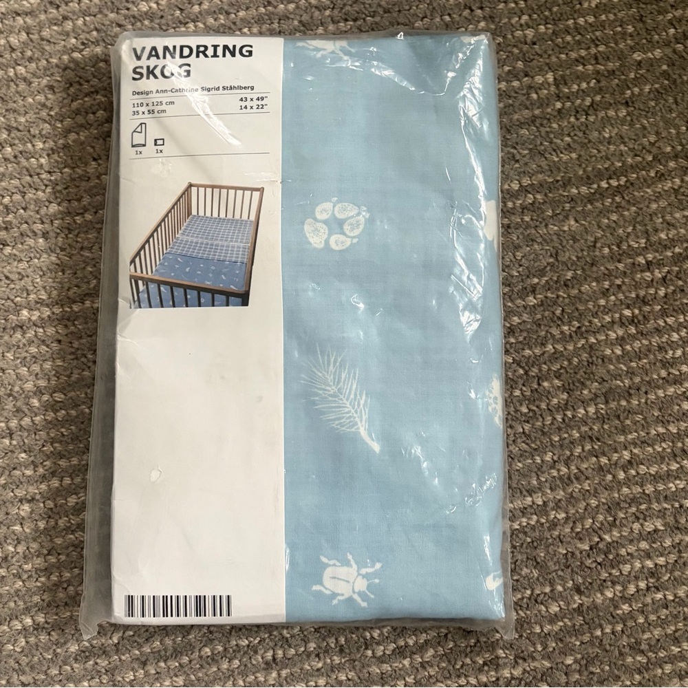 NEW IKEA Vandring Skog blue crib duvet cover set in original packaging.